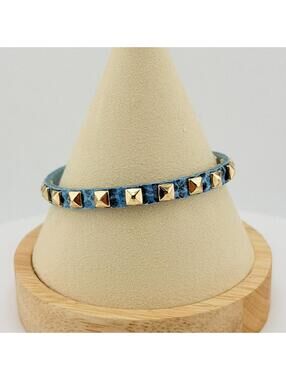 Bomb Party Blue Vegan Leather Bracelet Snake Print w/ Yellow Gold Studs